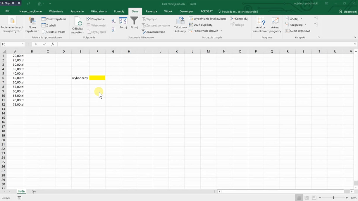 Tworzenie listy rozwijalnej w komórce arkusza
